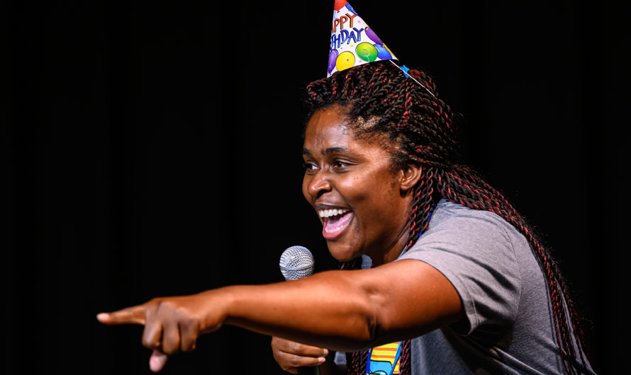 woman with a birthday hat on